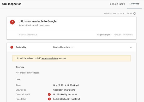 Google search console live test failed