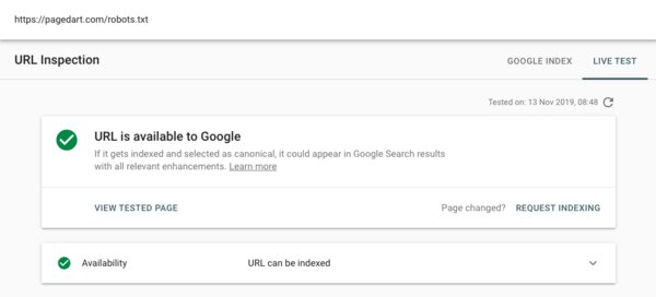 Google search console live test passed